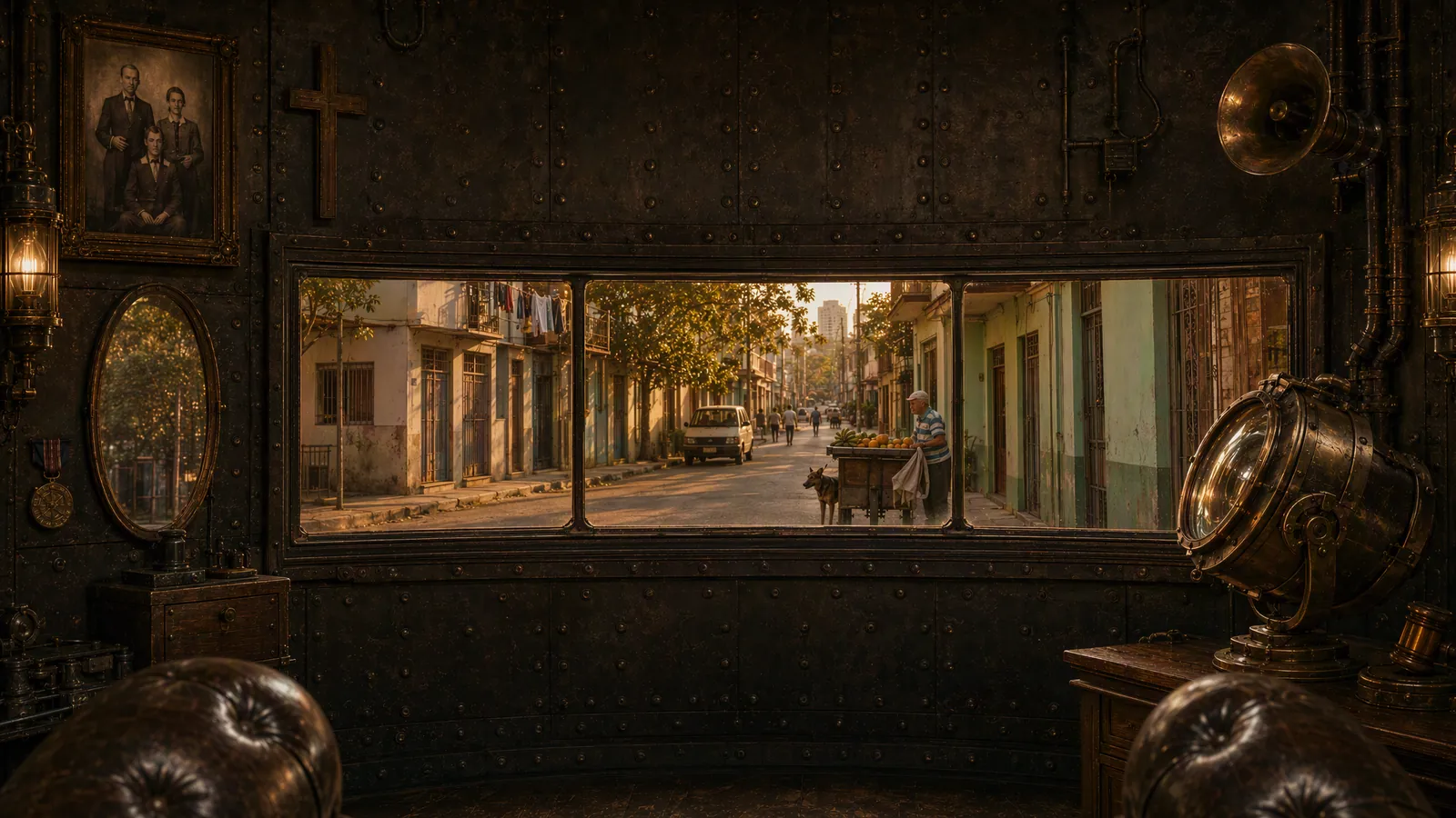 Interior de una garita: un trono, un reflector y un ventanal horizontal que da a una calle de barrio